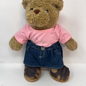Build a Bear Teddy Plush  Curly Tan Fur Pink Hugs Top Jean Skirt Shoes Sandals